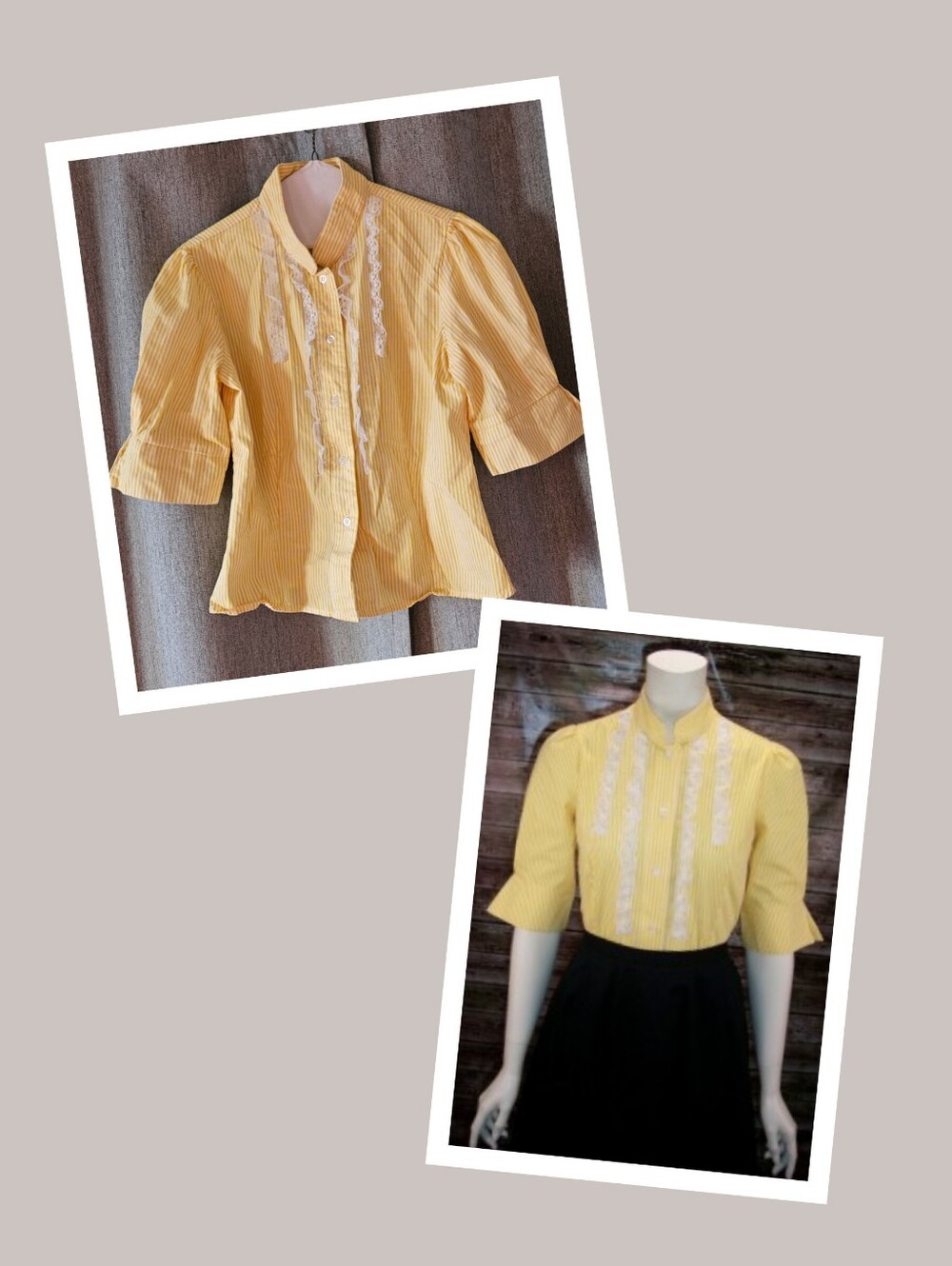 Vtg Reproduction Yellow Pinstripe Frontier Prairie Lace Button Front Top Lg Med